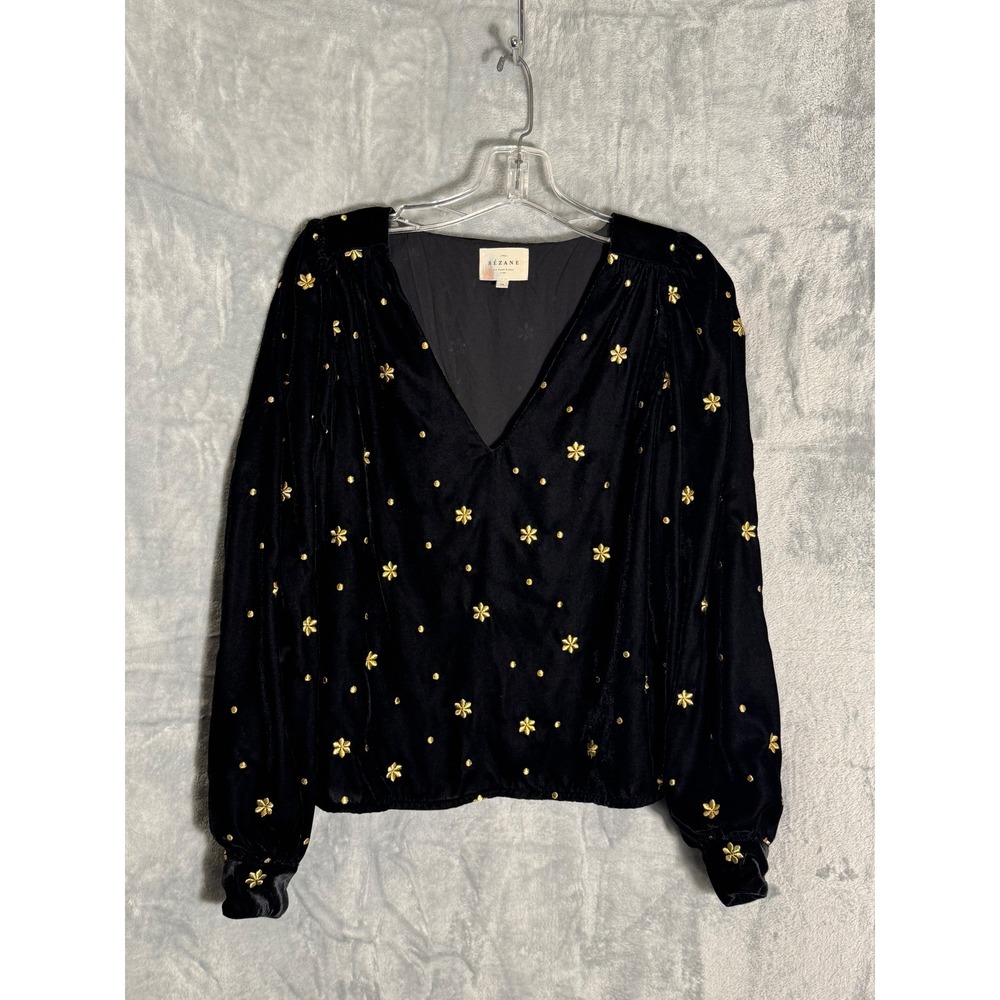 Sezane Galeo Velvet Blouse Black Gold Flower Embroidery V-Neck Top FR 34 US 2